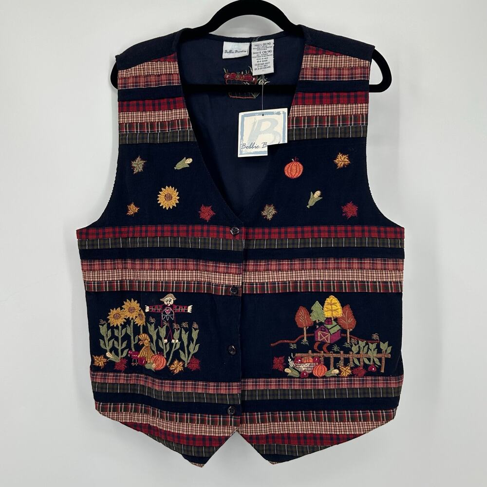 VTG 90s Bobbie Brooks Vest Navy Blue Corduroy Fall Harvest Pumpkin Scarecrow LAR